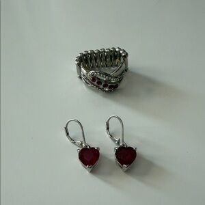 Elegant Silver and Red Heart Jewelry Set